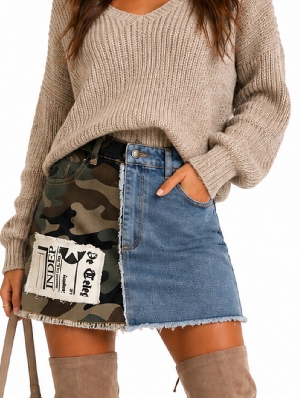 0654.New Two-Tone Denim & Camo Patch Mini Skirt - White/Camo - Picture 1 of 4